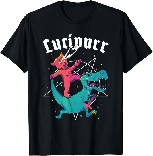 Lucipurr Satanic Cat Riding Trex Dinosaur Sigil Of Lucifer T-Shirt