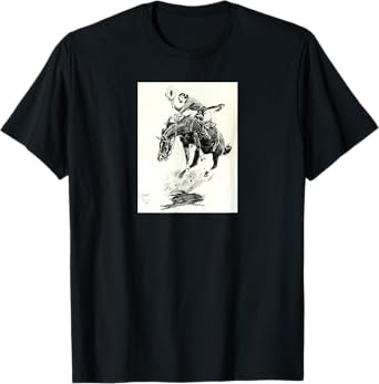 AmbiguiTee Art Western T-Shirt - Rodeo Cowgirl Riding Bucking Horse - Black - Small - Short Sleeve - Classic Fit - Cotton 65%, Polyester 35%
