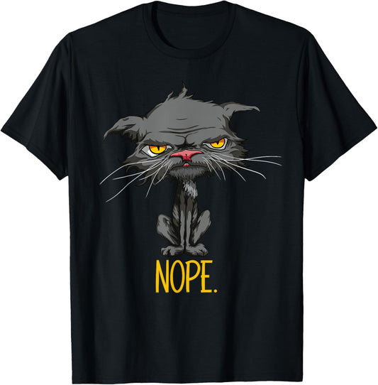 Nope Cat Funny Bored Cat Yellow Eyes Angry Grey Cat Lovers T-Shirt