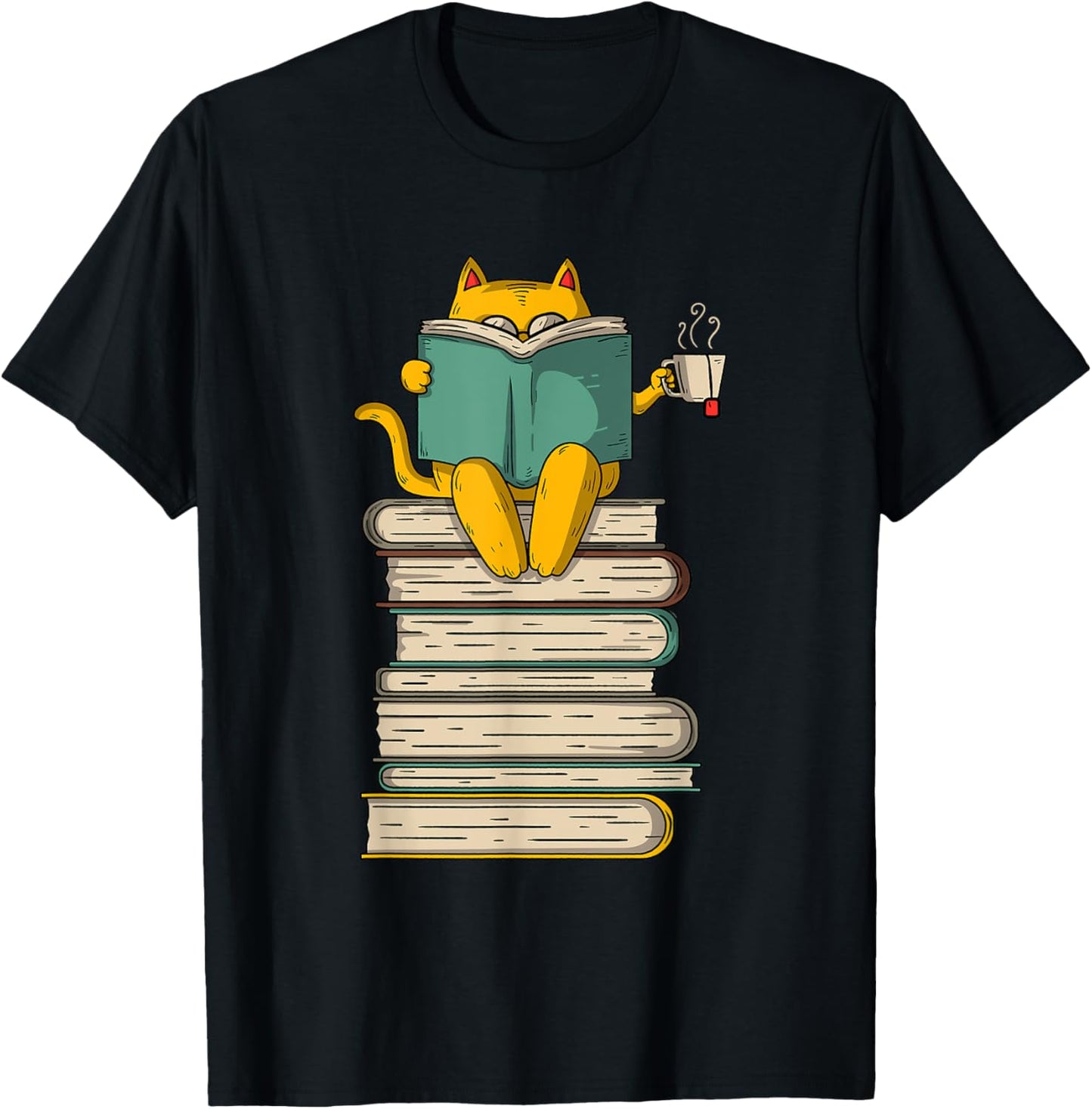 Reading Cat - Funny Book & Tea Lover Gift Short Sleeve T-Shirt