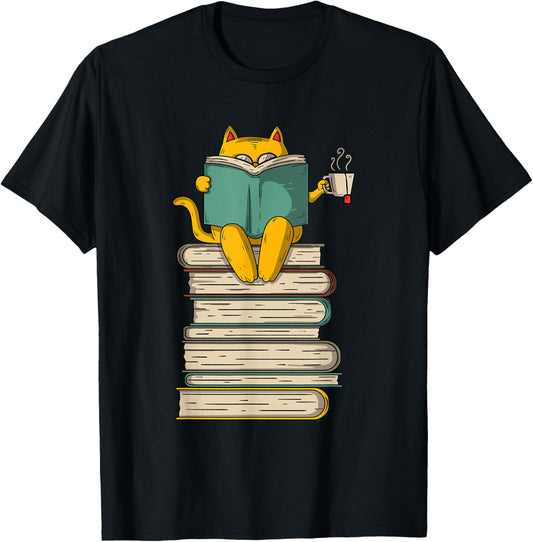 Reading Cat - Funny Book & Tea Lover Gift Short Sleeve T-Shirt