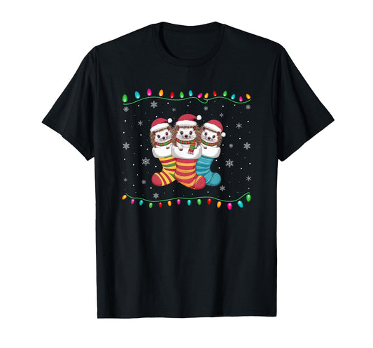 Xmas Tree Lights Funny Hedgehog in Christmas Socks T-Shirt