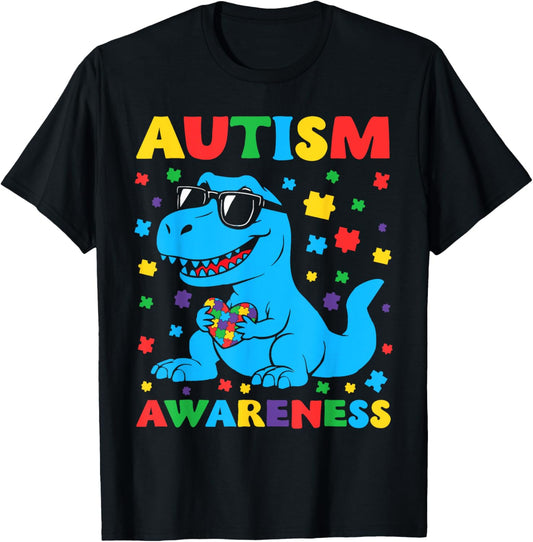 Dinosaur Colorful Autism Puzzle Pieces Autism Awareness Kids T-Shirt