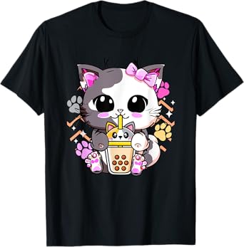 Cute Kawaii Cat Boba Bubble Milk Tea Anime Neko Kitten T-Shirt