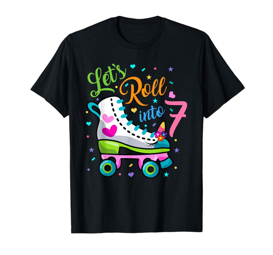 Let's Rolling Into 7 Years Old 7th Birthday Skating Unicorn T-Shirt