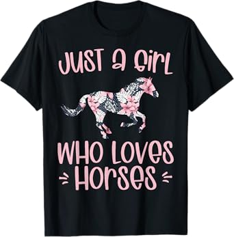 JUST A GIRL WHO LOVES HORSES cute horse in flower theme gift T-Shirt