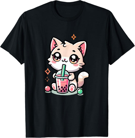 Cute Cat Boba Tea Bubble Tea Anime Kawaii Neko Women Girls T-Shirt