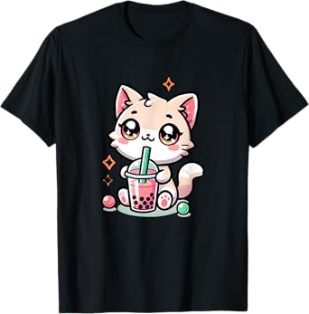 Cute Cat Boba Tea Bubble Tea Anime Kawaii Neko Women Girls T-Shirt