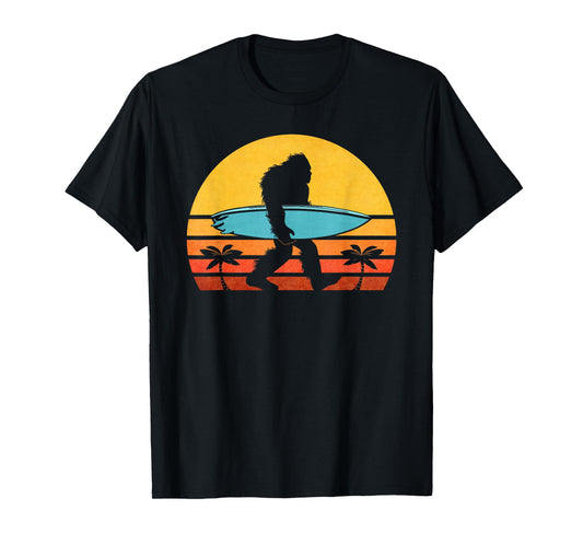 Bigfoot Retro Surfing T-Shirt, Tropical Sasquatch Surfer Tee T-Shirt