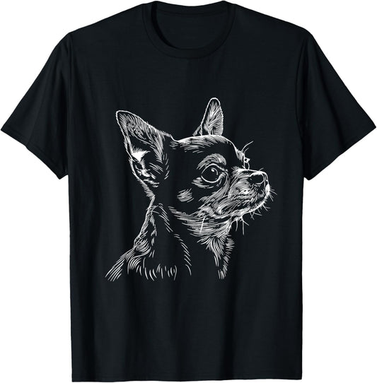 Chihuahua Dog Face Line Art Design T-Shirt, Small, Black