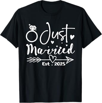 Wife EST 2025 Just Married Honeymoon Wedding Unisex-Adults Black Small Modern Formal Cotton Blend Crew Neck Short Sleeve T-Shirt