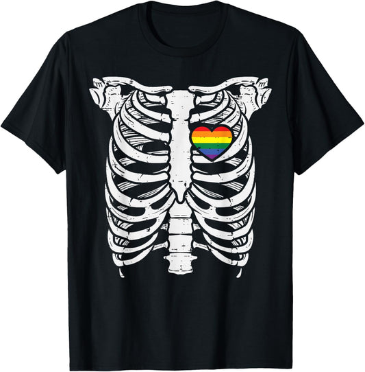 Skeleton Xray Ribs Halloween Heart LGBTQ Gay Pride Ally T-Shirt