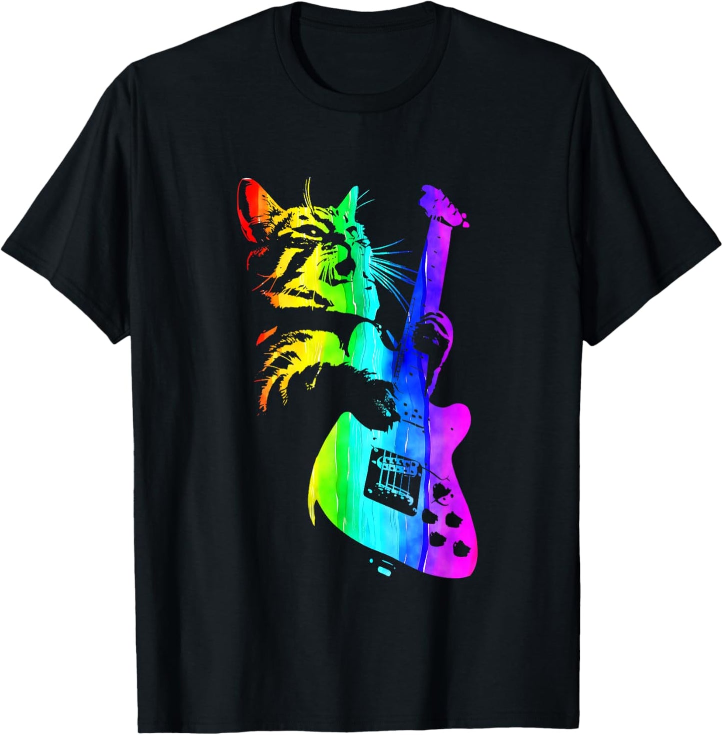 Funny HOUSE CAT Rainbow DJ Cat Kitty Rock Cat Playing Guitar T-Shirt