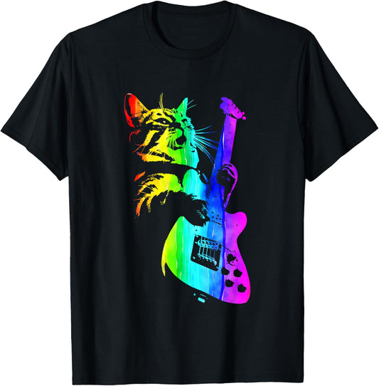 Funny HOUSE CAT Rainbow DJ Cat Kitty Rock Cat Playing Guitar T-Shirt