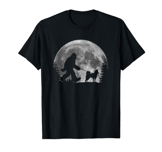 Bigfoot Walking a Dog Funny Alaskan Klee Kai Moon Halloween T-Shirt