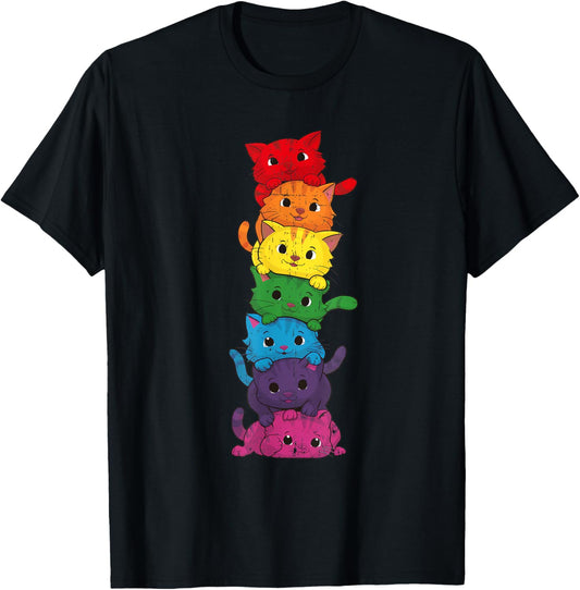 Retro LGBT Cat Stack Rainbow Gay Pride For Cat Lover T-Shirt