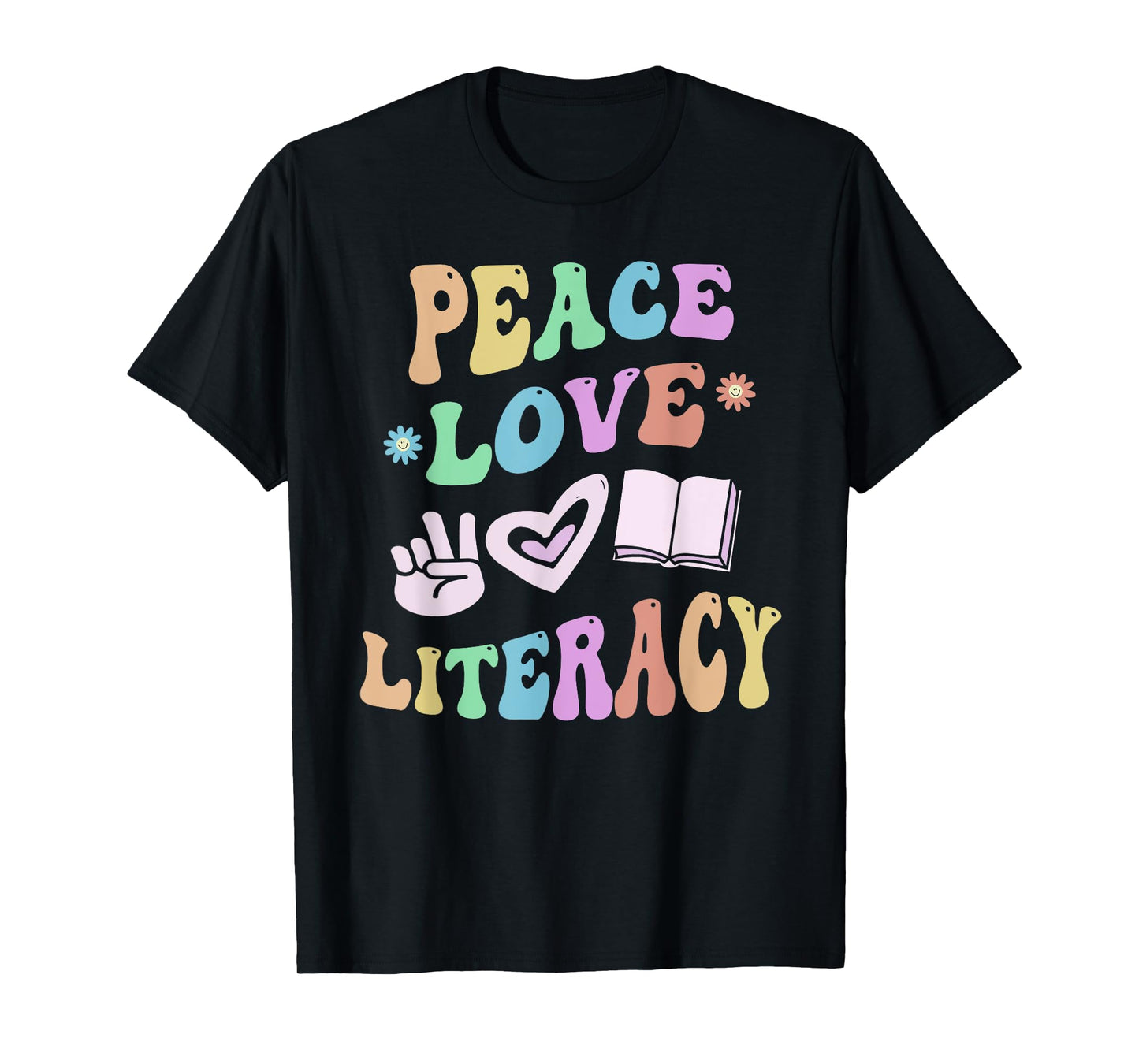 Groovy PEACE LOVE LITERACY Rocks Reading Squad Teacher Kids T-Shirt