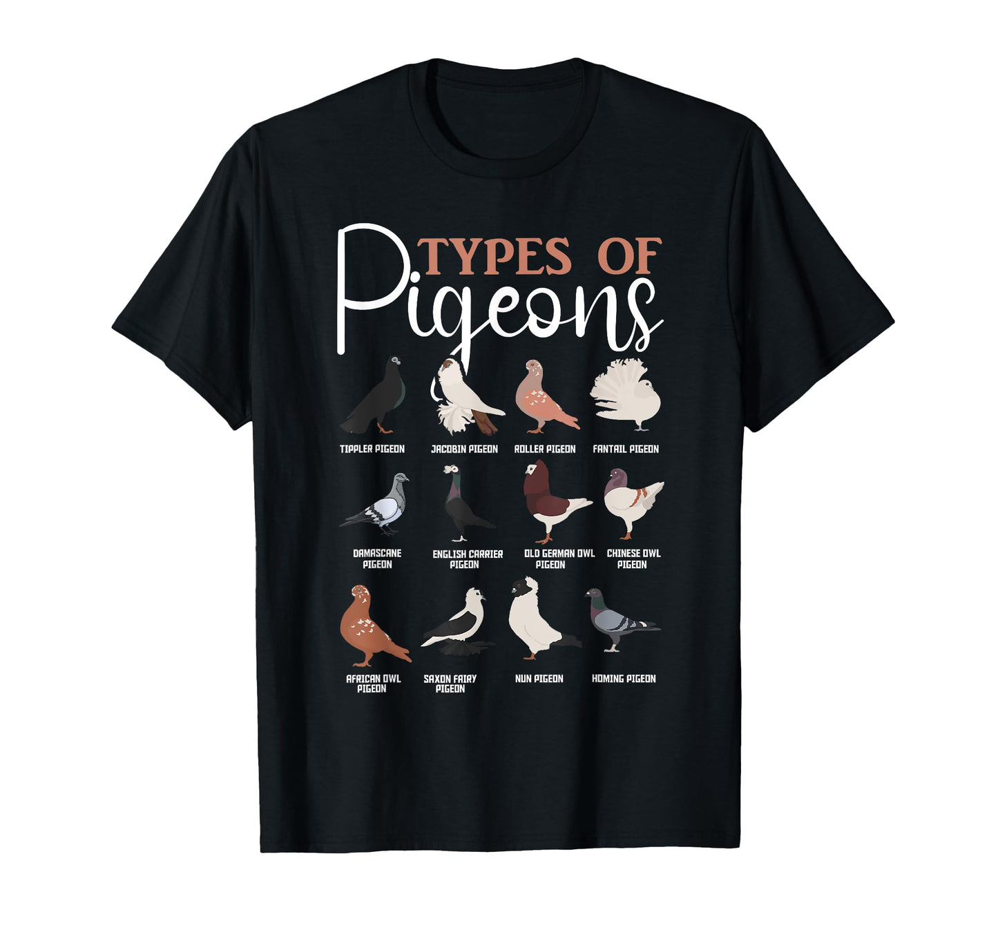 Cute Pigeons Lover Breeding Apparel Co. Types of Pigeons Tee Bird Lover Homing Pigeon Racing T-Shirt - Unisex-Adults-Kids, Black, Small