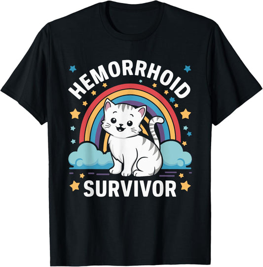 Hemorrhoid Survivor Cat T-Shirt - Unisex-Adults, Humor Enthusiasts - Black - Small - Short Sleeve - T-Shirt