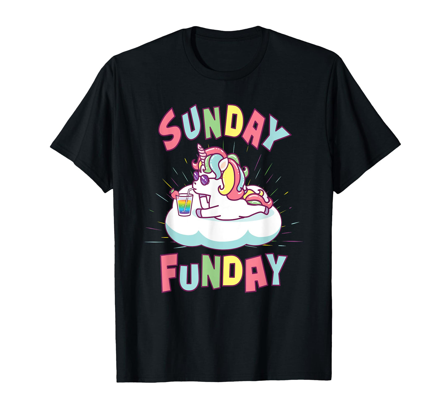 Sunday Funday Shirts Women Cute Unicorn Drinking Rainbow T-Shirt