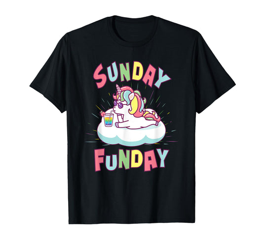 Sunday Funday Shirts Women Cute Unicorn Drinking Rainbow T-Shirt