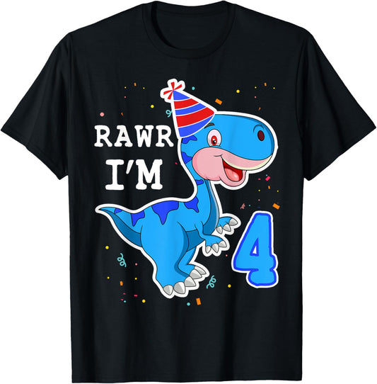 Kids Dinosaur Rawr I'm 4 Years 4th Birthday T Rex Boys Gift T-Shirt
