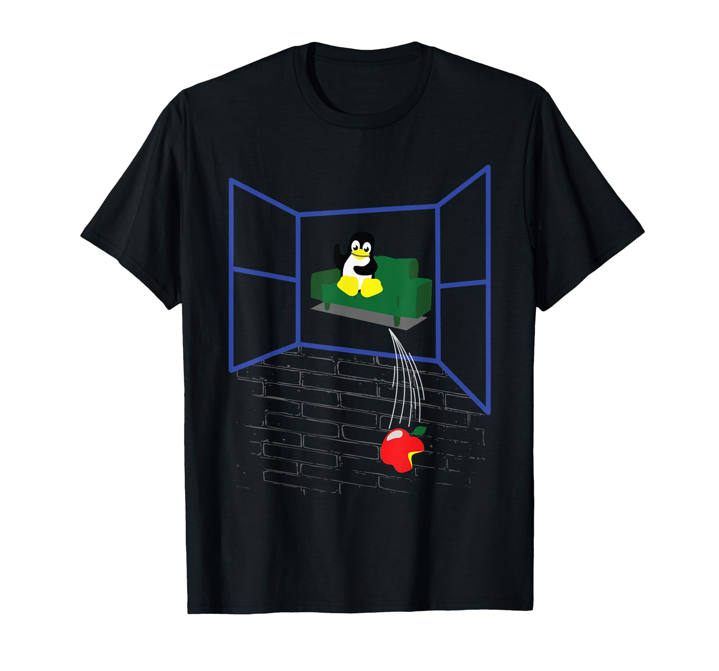 Womens Linux Penguin Throws an Apple Through the Window Funny Shirt Large Black