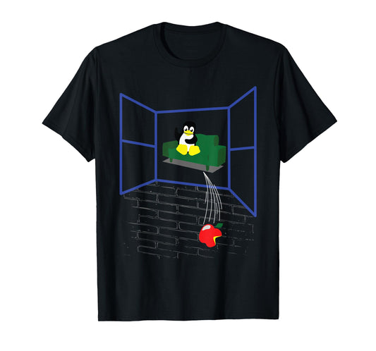 Womens Linux Penguin Throws an Apple Through the Window Funny Shirt Large Black