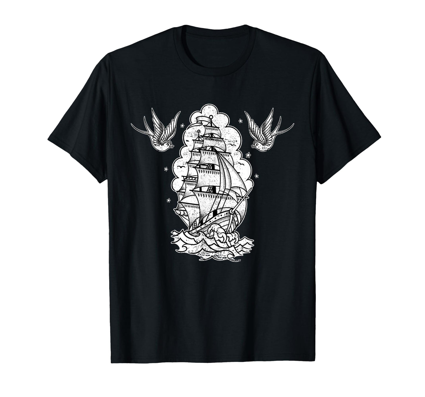 Old School Sailor Tattoo Clipper Ship and Swallows T-Shirt