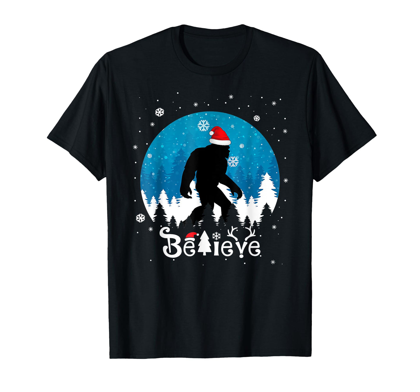 Funny Christmas Xmas Bigfoot Believe Sasquatch In Moon Light T-Shirt