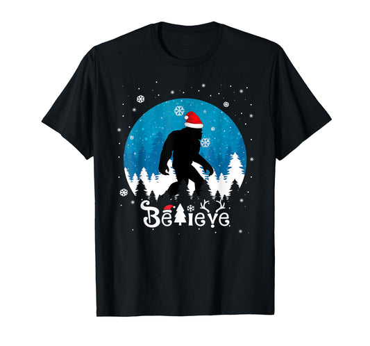 Funny Christmas Xmas Bigfoot Believe Sasquatch In Moon Light T-Shirt