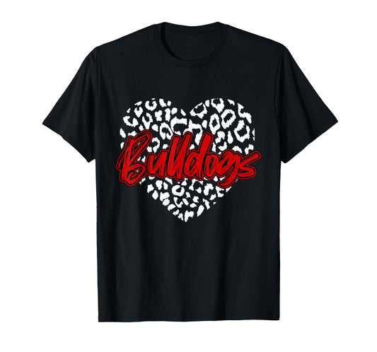 Bulldogs Red Cheetah Leopard Heart School Sports Team Spirit T-Shirt
