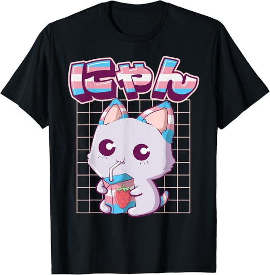 Transgender Pride Kawaii Cat Strawberry Milk Trans Flag T-Shirt