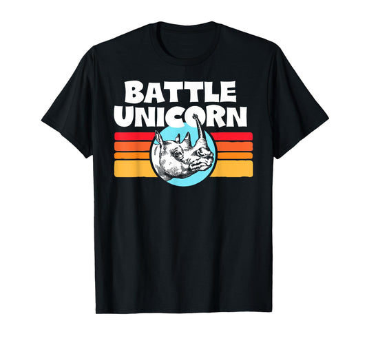 Battle Unicorn! Funny Retro 80s Rainbow Rhino Rhinoceros T-Shirt