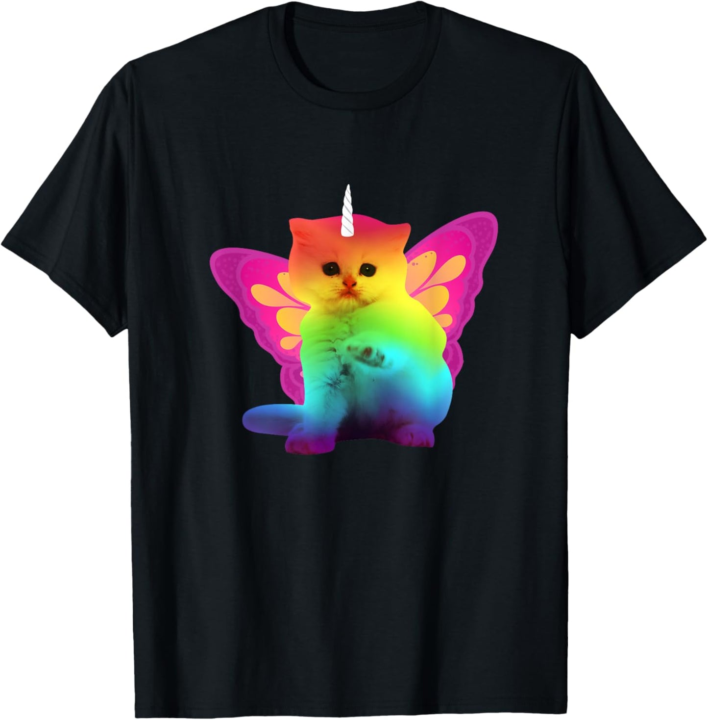Unicorn Cat With Rainbow Butterfly Wings Men Women Girls Kids T-Shirt