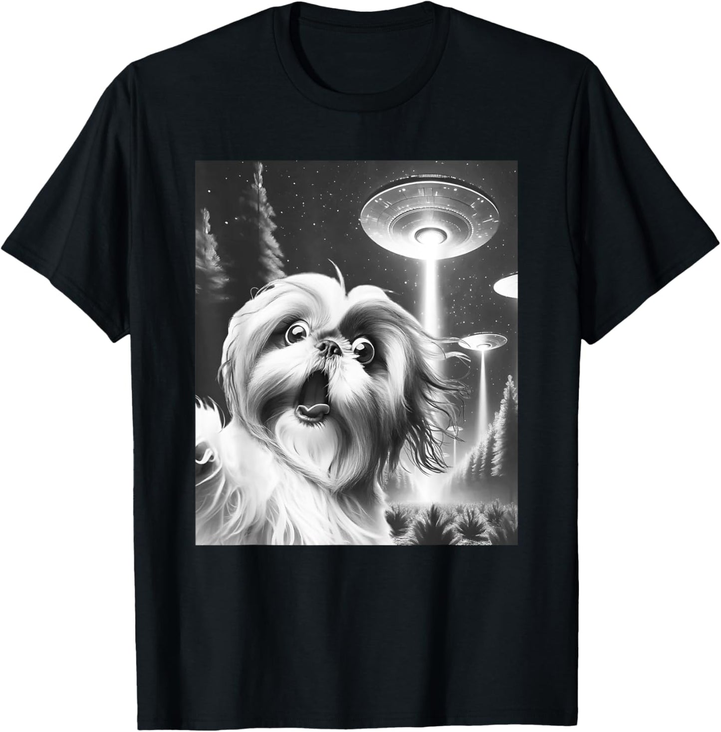 Funny Shih Tzu Alien UFO Taking a Selfie Dog Mom Dad T-Shirt