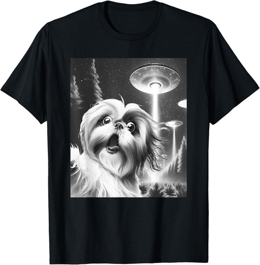 Funny Shih Tzu Alien UFO Taking a Selfie Dog Mom Dad T-Shirt