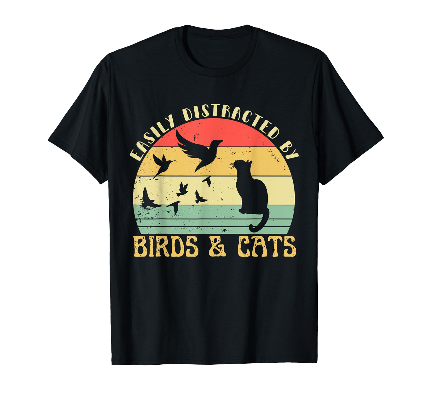 Retro Pet Cat Birds Lover Easily Distracted By Birds & Cats T-Shirt for Men Women Girls Kids