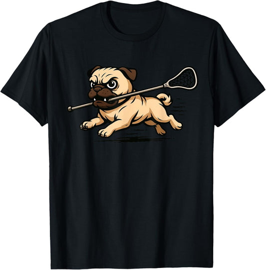 Pug Playing Lacrosse Lax Player Dog Lover T-Shirt