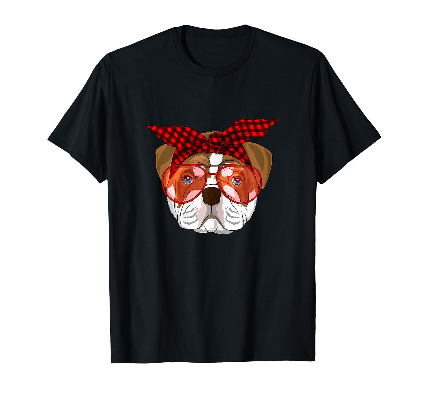 English Bulldog Xmas red plaid bandana Glasses T-Shirt