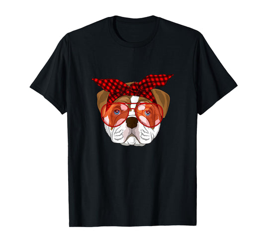 English Bulldog Xmas red plaid bandana Glasses T-Shirt