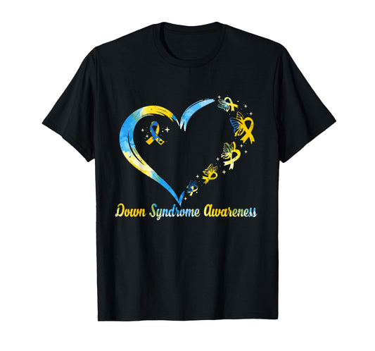 Rainbow Heart Down Syndrome Awareness Blue Yellow Ribbon T-Shirt