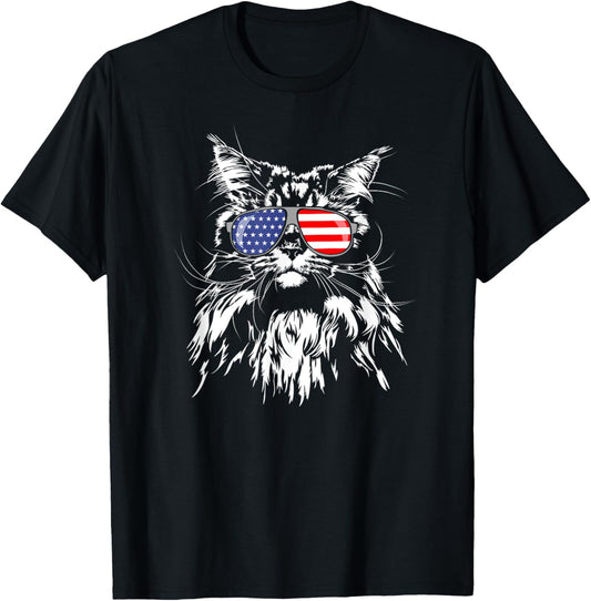Funny Proud Maine Coon American Flag cat T-Shirt Shirt Tee T-Shirt