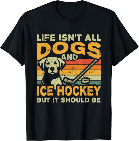 Unisex-Adult Retro Themed Dog And Hockey T-Shirt Black Small