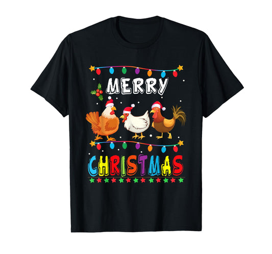 Merry Christmas Chicken Shirt Santa Hat Lights Xmas Funny T-Shirt