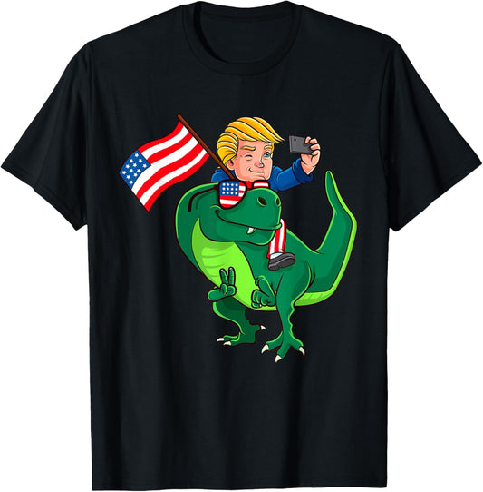 Trump Riding a Dinosaur T Rex Support Trump 2020 4th of July T-Shirt