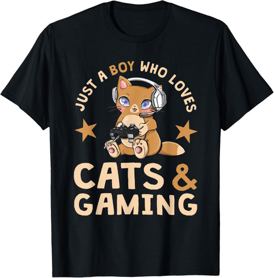 Just A Boy Who Loves Cats And Gaming Cute Gamer Cat T-Shirt
