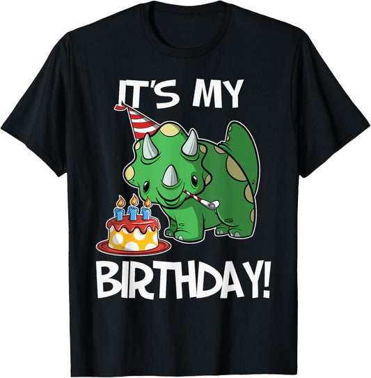 OKAI Birthday Tees Unisex-Kids Triceratops Dinosaur Birthday T-Shirt, Black, Small