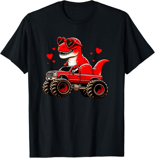 Valentines Day T Rex Riding Monster Truck Toddler Boys Kids T-Shirt
