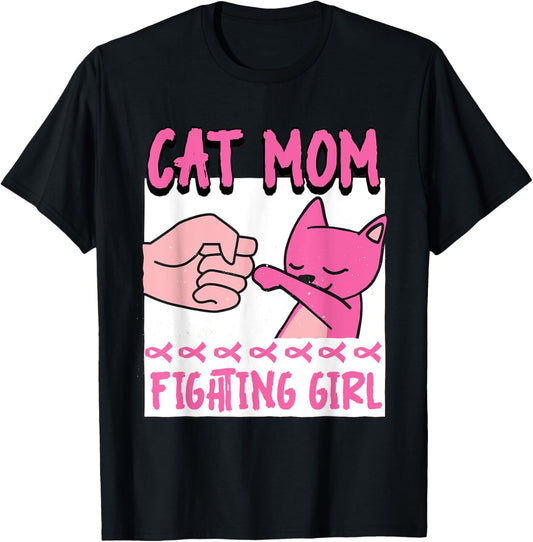 Cat Mom Breast Cancer Awareness Kitty Fighting Girl Warrior T-Shirt